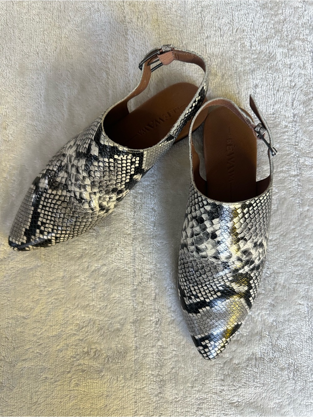 Pointed Snake-Print Slingback Mules in Black & White